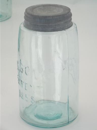 antique blue glass mason jar, old zinc lid canning jar w/ 1858 patent date