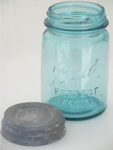 antique blue glass mason jars, old zinc lid Ball jars, pint jelly / relish jars