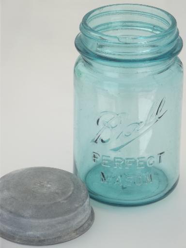 antique blue glass mason jars, old zinc lid Ball jars, pint jelly / relish jars