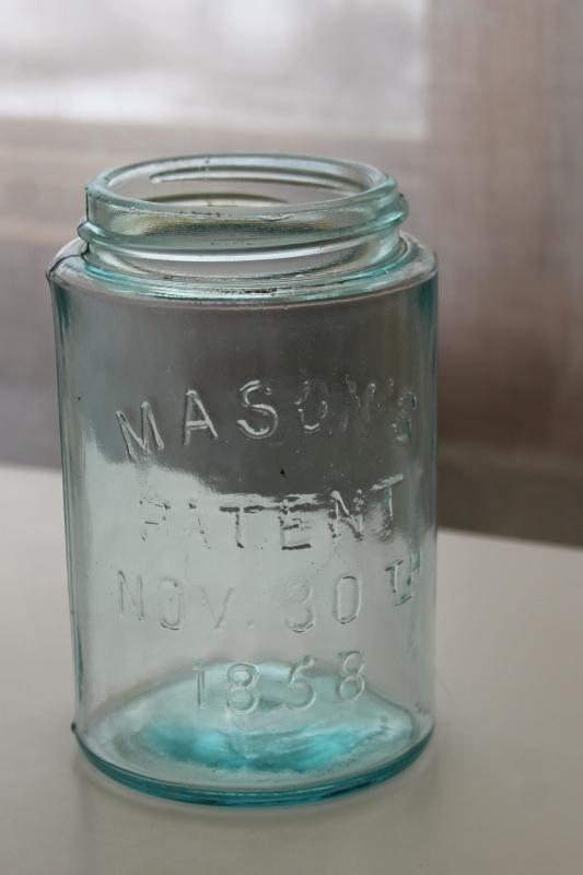 antique blue green glass mason jar, old pint size fruit jar w/ 1858 Masons patent date