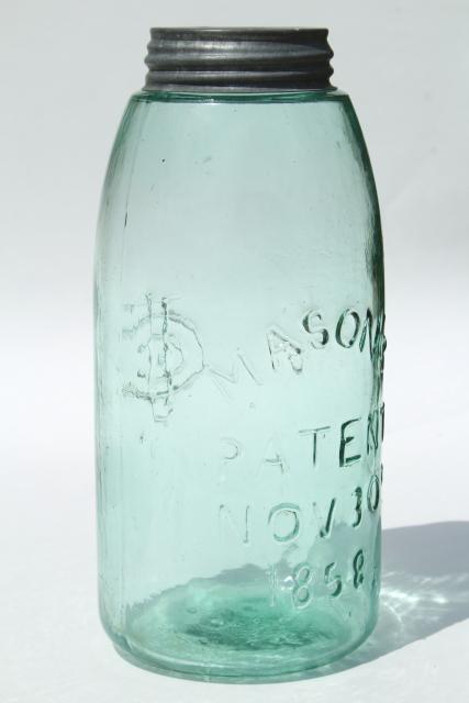 antique blue green glass mason jar, old zinc lid 2 qt fruit jar w/ 1858 patent date 