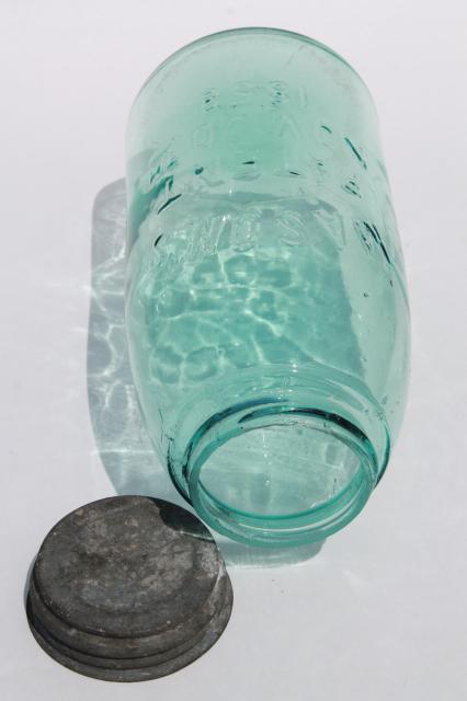 antique blue green glass mason jar, old zinc lid 2 qt fruit jar w/ 1858 patent date
