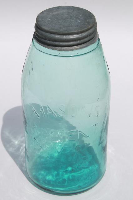 antique blue green glass mason jar, old zinc lid 2 qt fruit jar w/ 1858 patent date