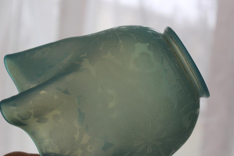 antique blue opalescent glass etched shade for Victorian vintage gas light or oil lamp