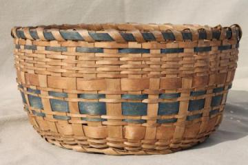 antique blue stripe woven basket bowl, primitive old split splint basket