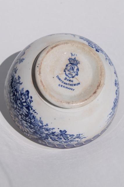 antique blue & white china cafe au lait bowl, Bonn Germany chrysanthemum daisy pattern