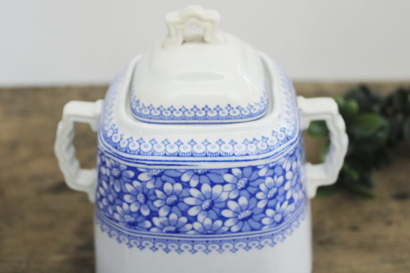 antique blue  white china covered jar, daisy floral transferware, vintage ironstone