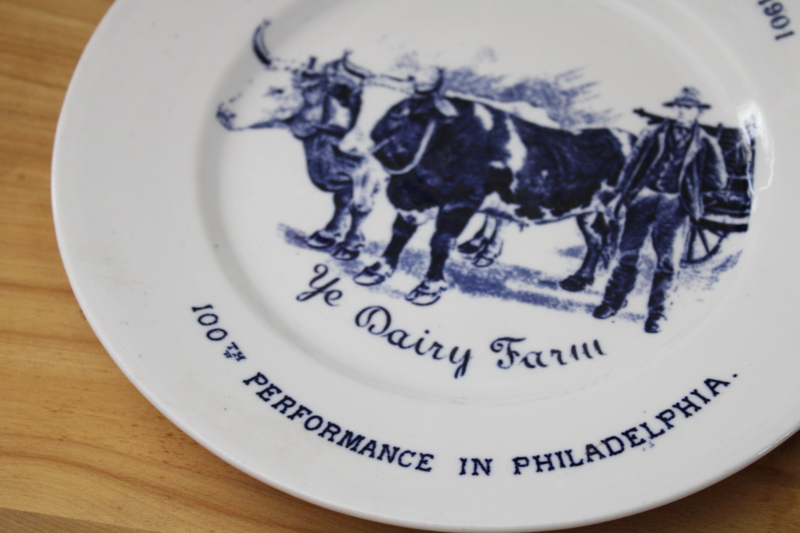 antique blue  white china plate, cows print rare vintage souvenir Ye Dairy Farm Park Theater Philadelphia 1901