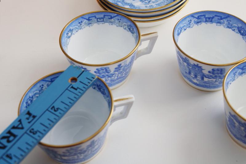 antique blue & white china tea cups & deep saucers marked Mintons, willow pattern chinoiserie