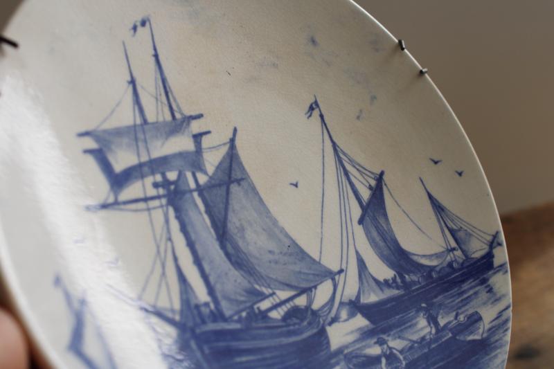 antique blue & white plates, Villeroy & Boch Wallerfangen faience pottery sailing ships