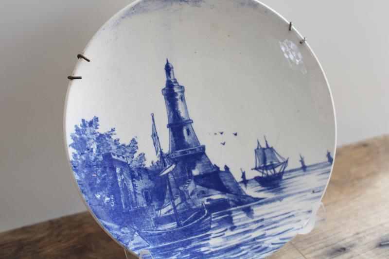 antique blue & white plates, Villeroy & Boch Wallerfangen faience pottery sailing ships