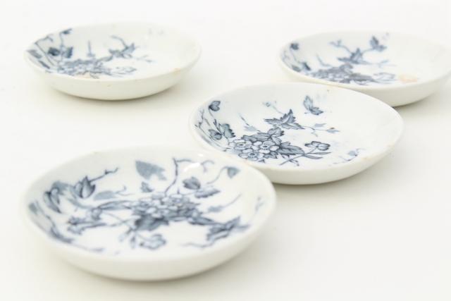 antique blue & white transferware china, 1800s vintage butter pat plates w/ wildflowers