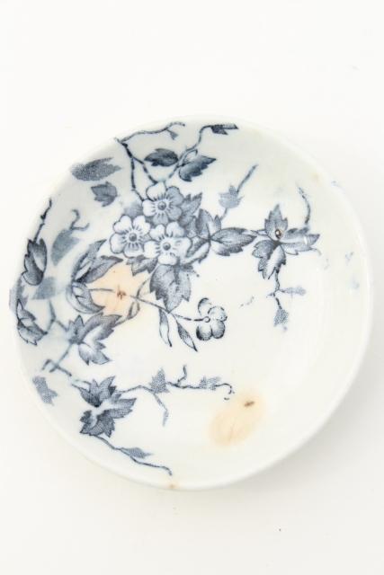 antique blue & white transferware china, 1800s vintage butter pat plates w/ wildflowers