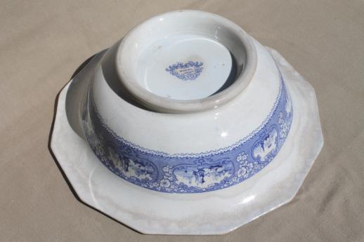 antique blue & white transferware china wash bowl, Medina English Staffordshire basin