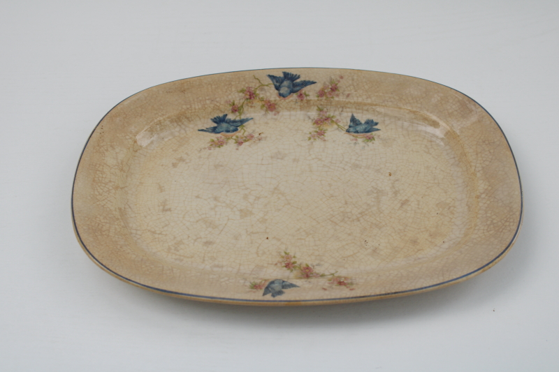 antique bluebird china platter or tray, shabby browned stained china early 1900s vintage
