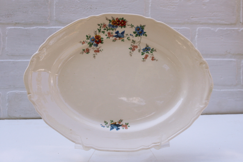 antique bluebird china, shabby stained 1920s vintage Crown Potteries oval platter