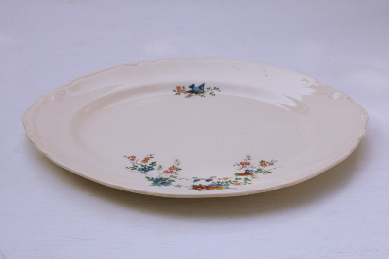 antique bluebird china, shabby stained 1920s vintage Crown Potteries oval platter