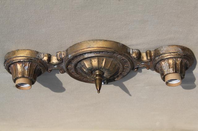antique brass cast metal ceiling light flush mount lighting fixture w/ early 1900s Lightolier label