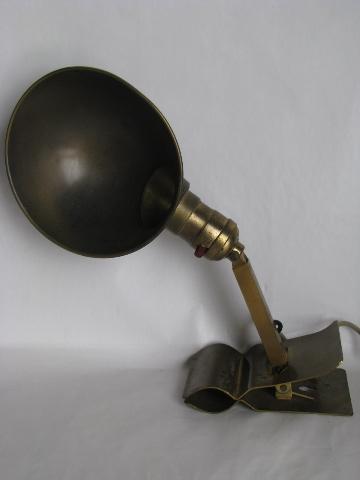 antique brass clamp-on desk work or bed light w/ helmet shade & 1907 patent