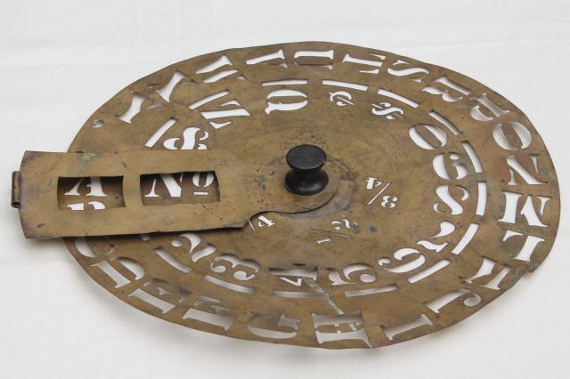 antique brass lettering / numbering clock wheel stencil, sign letter maker w/ 1860s patent dates