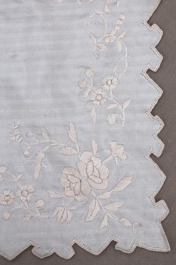 antique bride's hanky, embroidered ivory silk handkerchief vintage 1920s or 30s