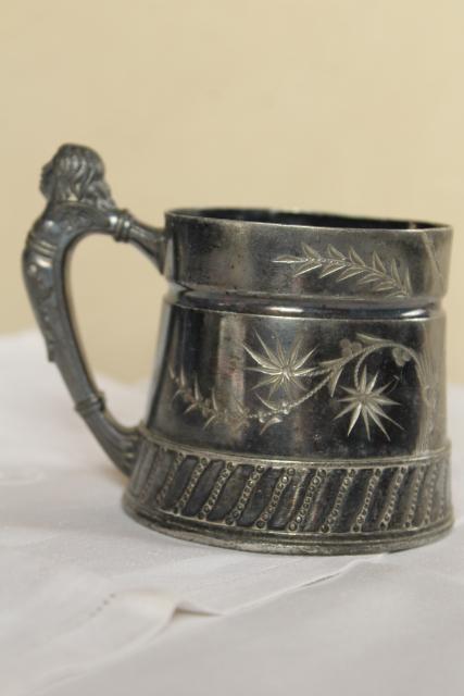 antique bright cut silver plate baby cup w/ figural handle, Victorian vintage