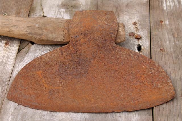 antique broad ax forged iron hewing ax  primitive farm or rustic cabin  wood chopping tool