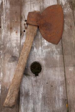 antique broad ax forged iron hewing ax  primitive farm or rustic cabin  wood chopping tool