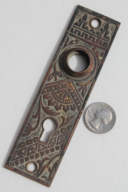 antique bronze door escutcheon plates, vintage door knob hardware for skeleton keys 