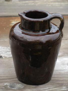 antique brown glaze stoneware pottery pitcher, old syrup jug crock