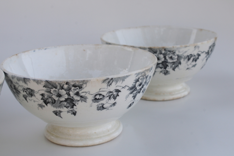 antique brown stained ironstone china, Johnson Bros footed cafe au lait bowls dark blue transferware