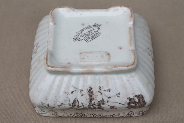 antique brown transferware china, Chelsea aesthetic floral square butter box or cheese keeper