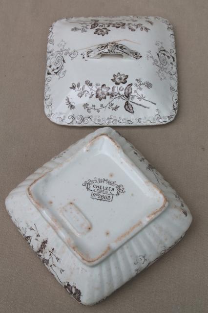 antique brown transferware china, Chelsea aesthetic floral square butter box or cheese keeper