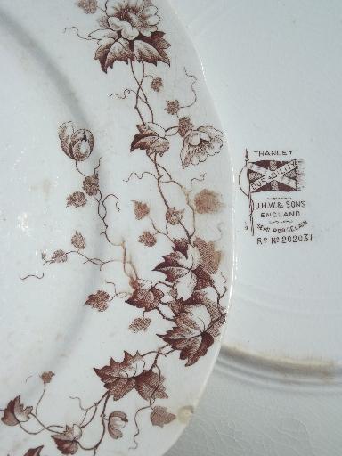 antique brown transferware plates, English Staffordshire ironstone china
