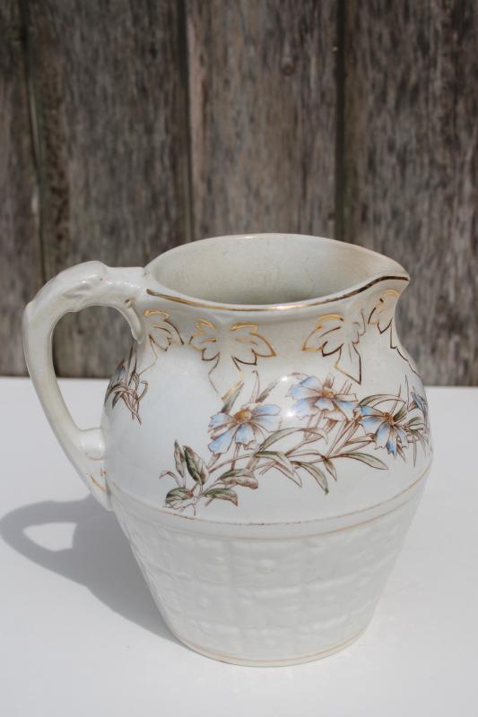 antique browned china pitcher blue brown daisies floral, shabby vintage cottage chic