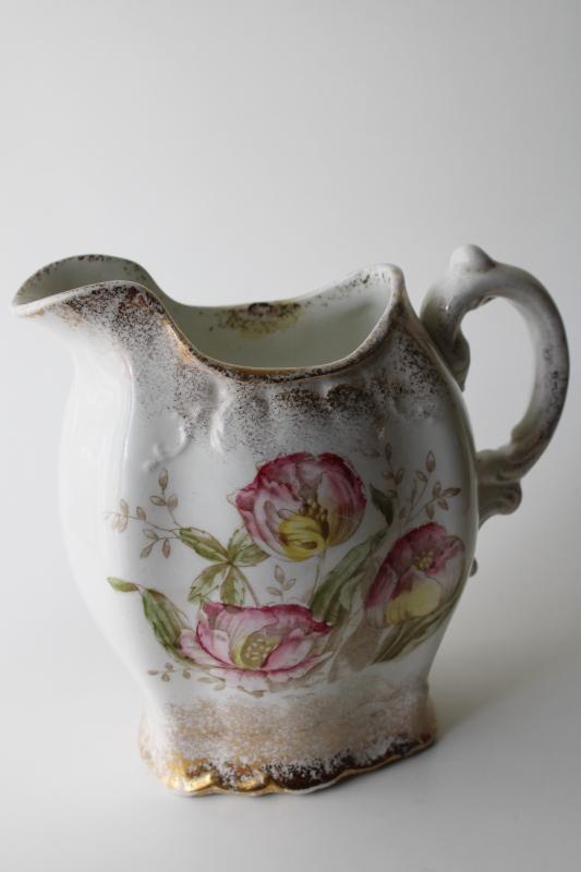 antique browned china pitcher w/ pink tulips floral, shabby vintage cottage chic