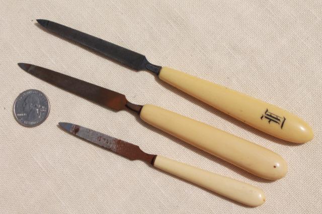 antique button hooks & art deco vintage manicure tools w/ french ivory celluloid handles