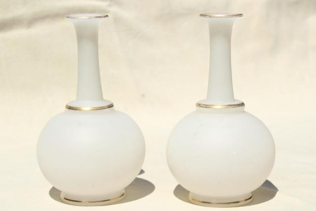 antique camphor glass vases or vanity cologne bottles, white frosted glass w/ gold trim