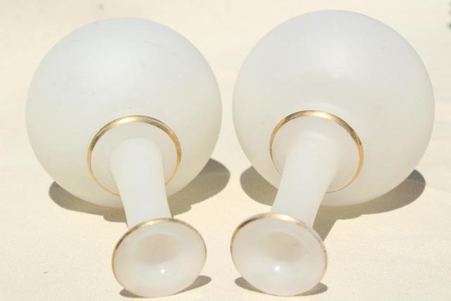 antique camphor glass vases or vanity cologne bottles, white frosted glass w/ gold trim