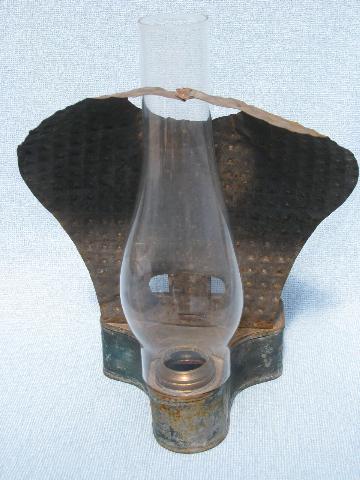 antique camping lantern, old tin reflector Climax lamp, glass shade