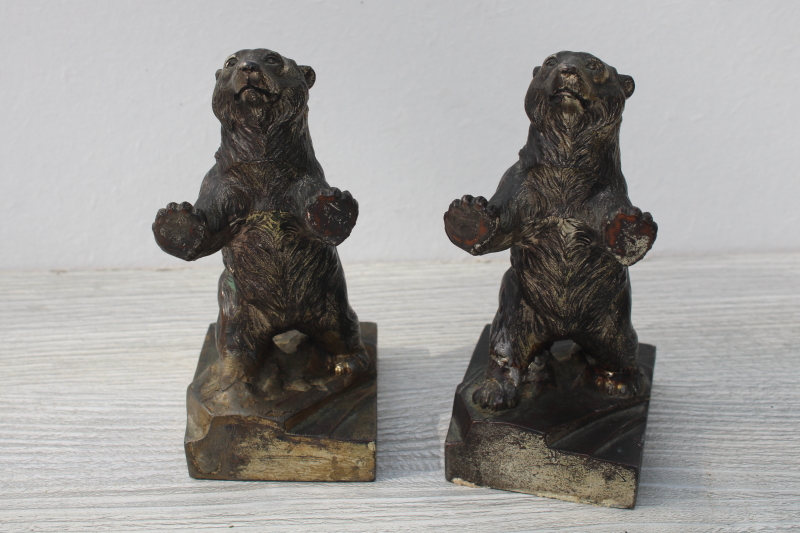antique cast metal bronze bears statues, bear figurines bookends early souvenir of Yellowstone