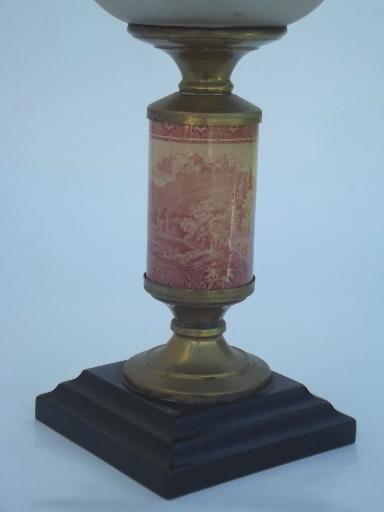 antique castles transferware china lamp base,  old  oil lamp w/ glass font