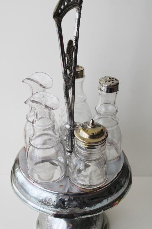 antique castor set w/ original glass jars & bottles, aesthetic art metal stand
