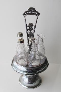 antique castor set w/ original glass jars & bottles, aesthetic art metal stand