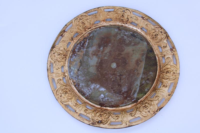antique charger plate w/ shabby gilt lions, embossed metal tray ornate pierced border