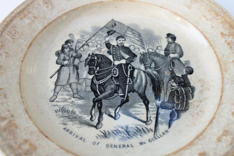 antique childs ABC plate, black transferware historic scene engraving Civil War soldiers