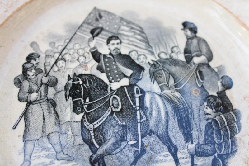 antique childs ABC plate, black transferware historic scene engraving Civil War soldiers