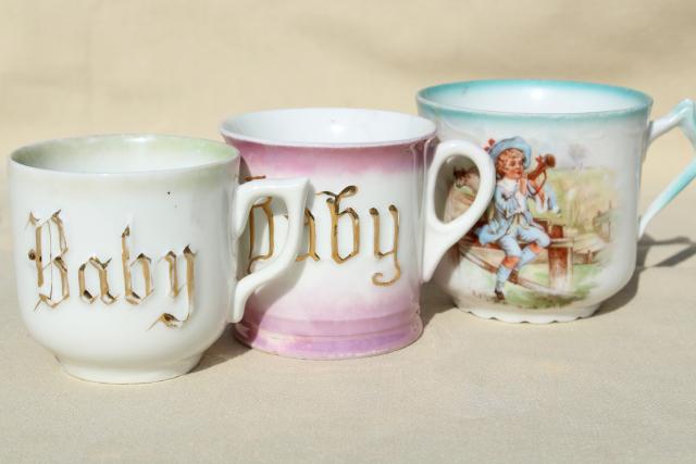 antique china Baby cups, Victorian Edwardian era nursery dishes, infant gifts