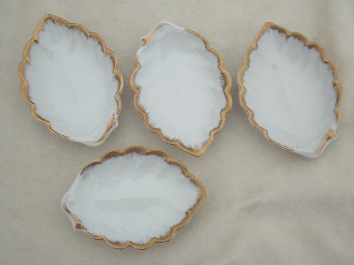 antique china condiment dishes, old gold edged leaf dishes white porcelain