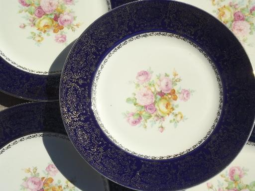 antique china plate chargers, cobalt blue gold lace filigree & floral
